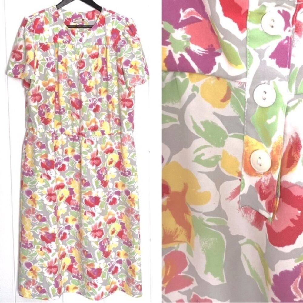 Vintage Colorful Floral Dress Drop Waist Abstract Flowers Purple Pink Yellow 2X